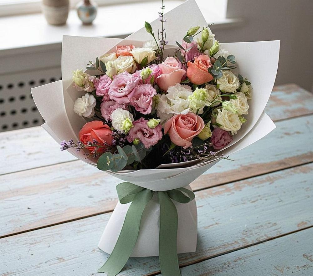 Букет цветов из: Розы, Лизиантусы и Гвоздики в Боголюбово