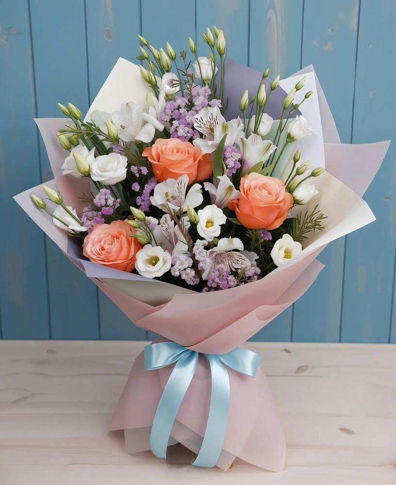 Букет цветов из: Лизиантусы, Розы, Альстромерии и Гипсофила в Боголюбово