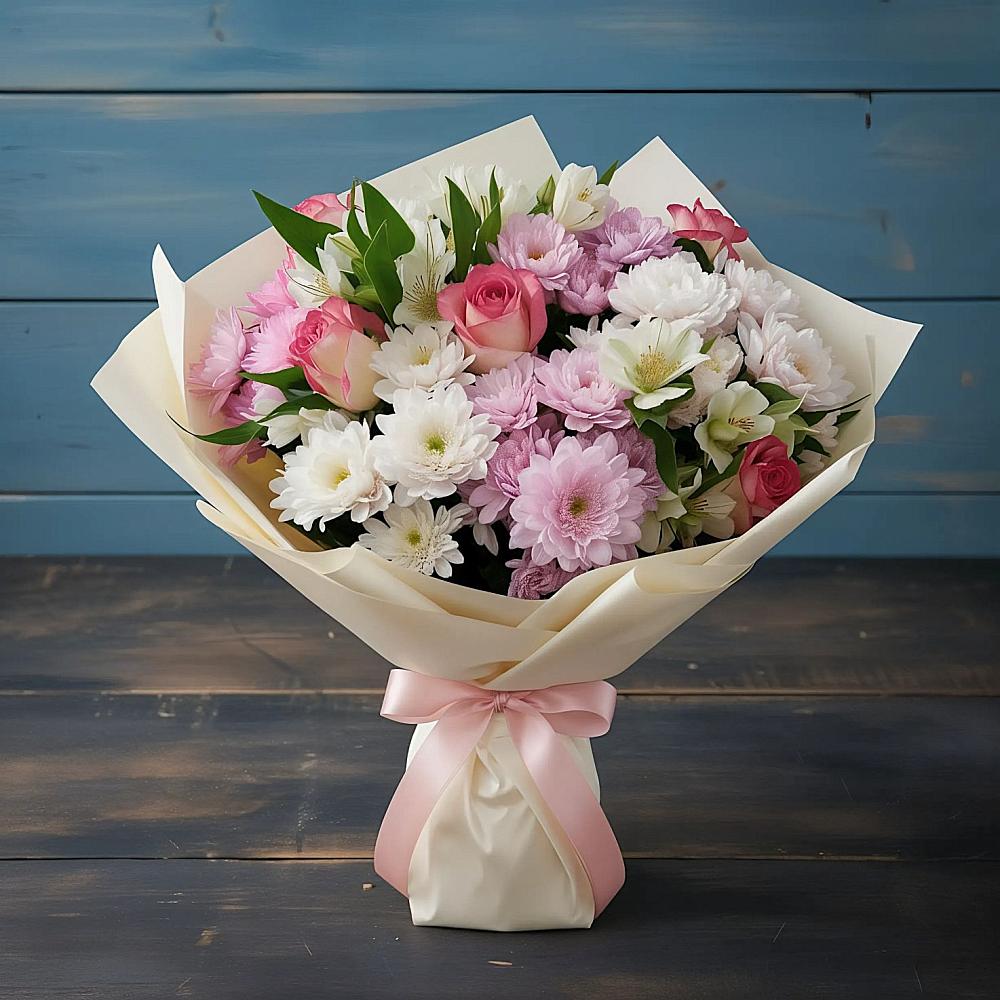 Букет цветов из: Хризантемы, Альстромерии и Розы в Боголюбово